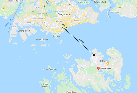 Distance between Batam and Singapore